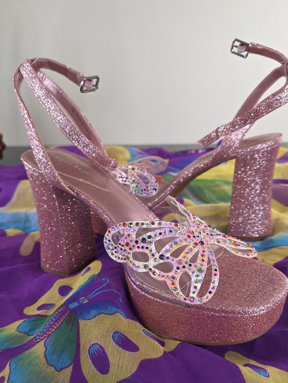 COPPER KEY 10M Glitter Butterfly Platform Sandals - Pink SLIVER RHINESTONES